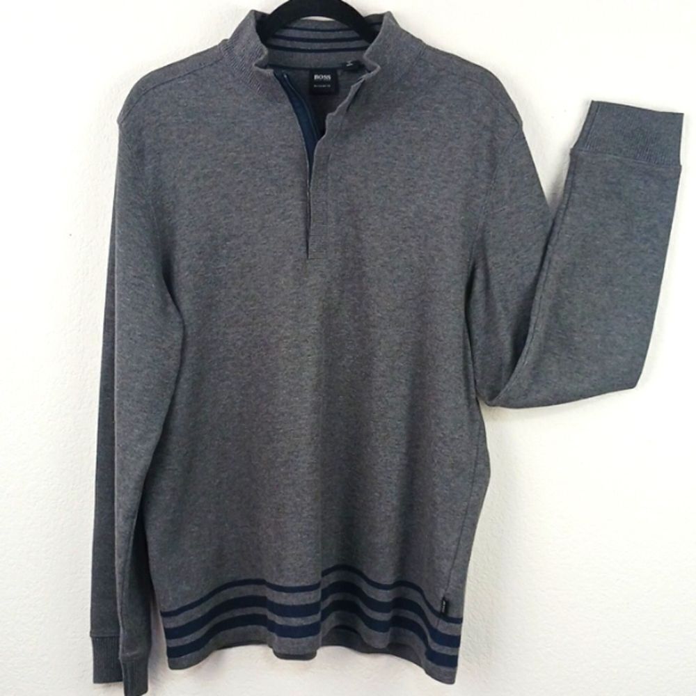 Boss Men's quarter zip mock neck long-sleeve gray/navy strips knit sweater sz L